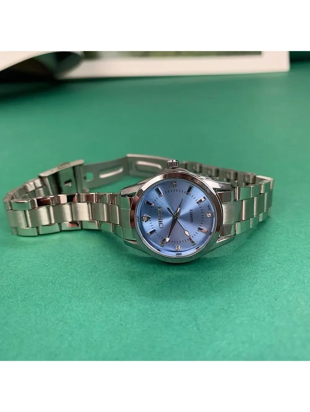 Silver Classy Quartz Round Light Blue Stainless Steel Watch. Stainless steel
